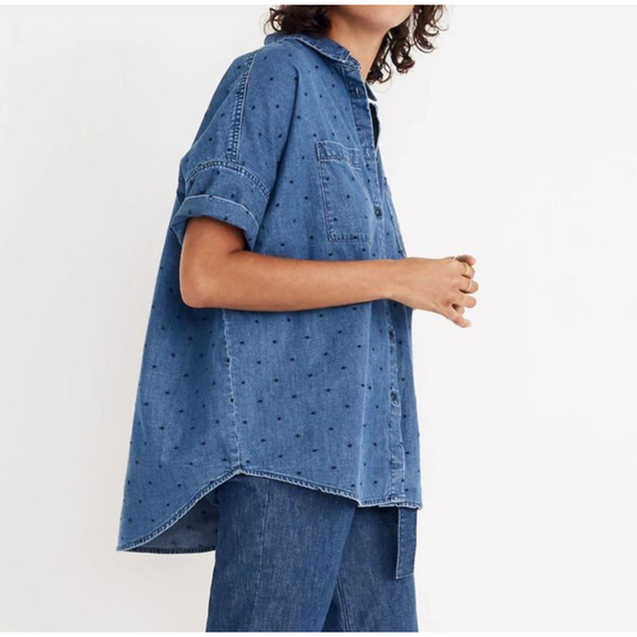 Madewell Denim Courier Button Front Shirt in Metallic Dots, Women's XS - Picture 2 of 10
